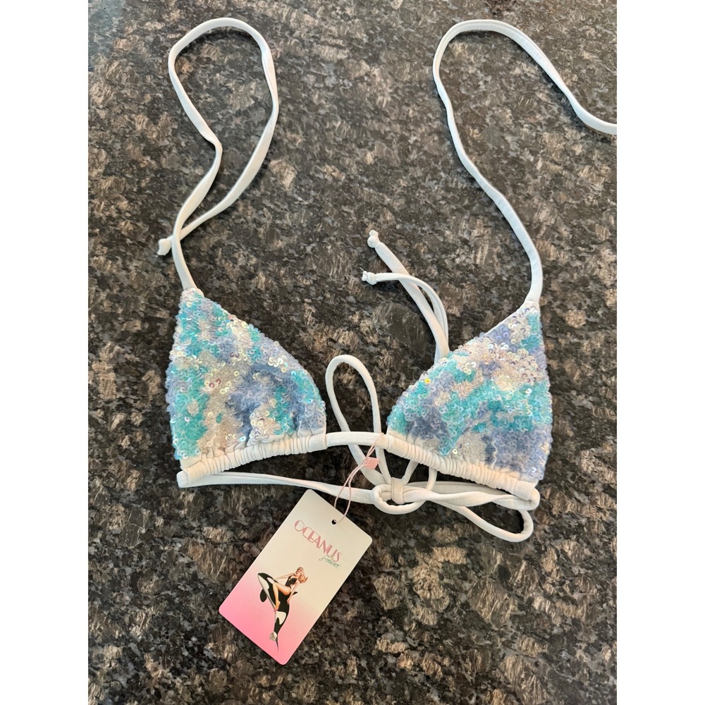 Oceanus Skye Bikini Top Sequin Triangle Swim Multi Blue White Teal Small NEW